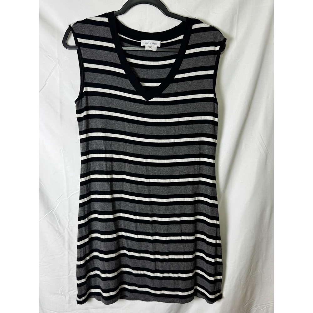 Calvin Klein Womens Sleeveless V-Neck Striped Tunic Top Black Grey White Medium
